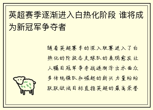 英超赛季逐渐进入白热化阶段 谁将成为新冠军争夺者 英超赛季逐渐进入白热化阶段 谁将成为新冠军争夺者